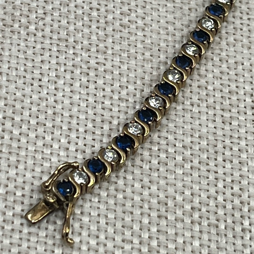 Vintage Estate Gold Over Sterling Silver Tennis Bracelet Sapphire Clear CZ 7.25" - Picture 5 of 16